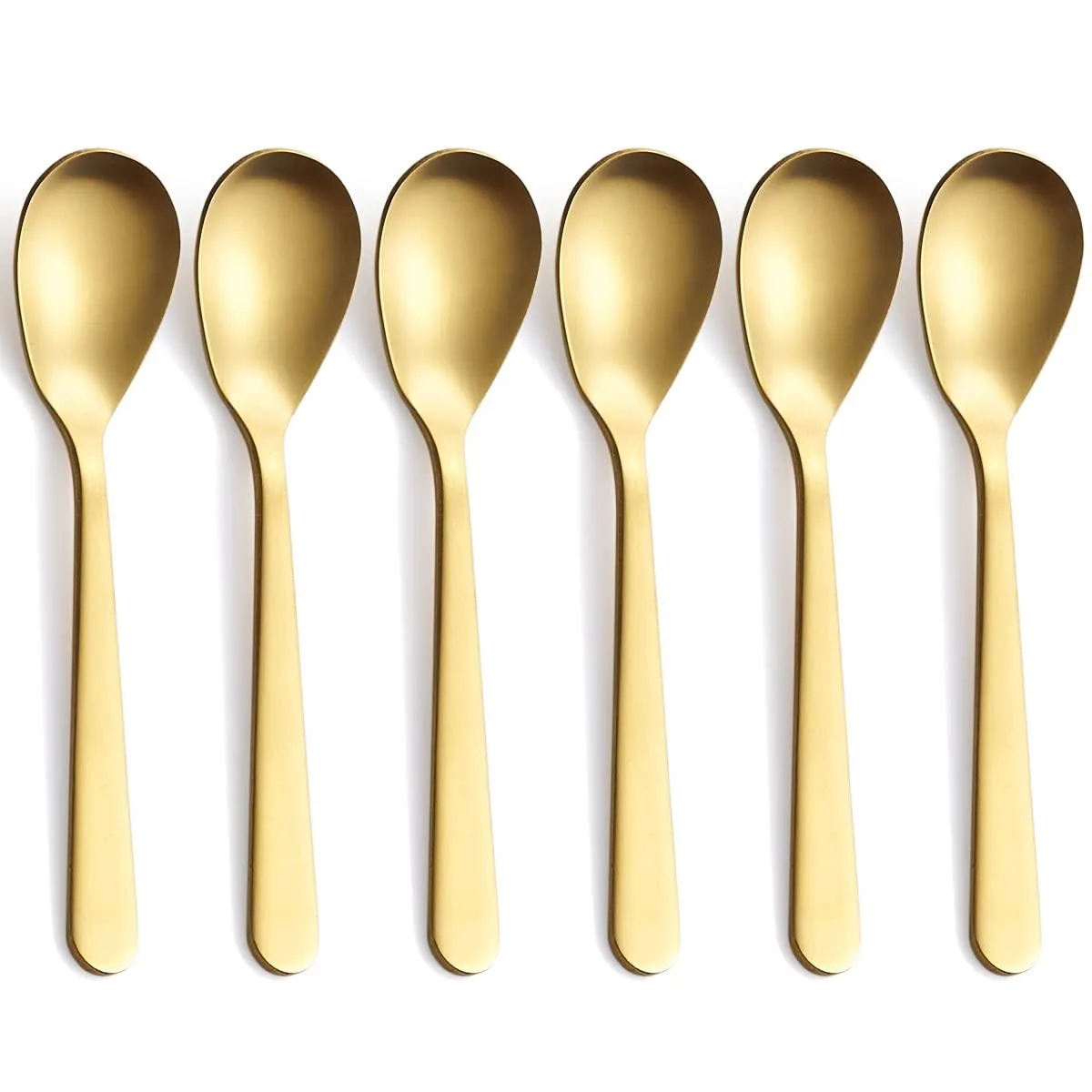 Six matte-gold stainless steel espresso spoons, 4.7 inches long with satin finish