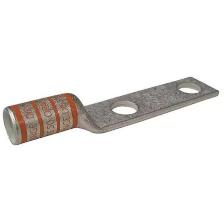 Copper two-hole compression lug with long barrel and orange colour code