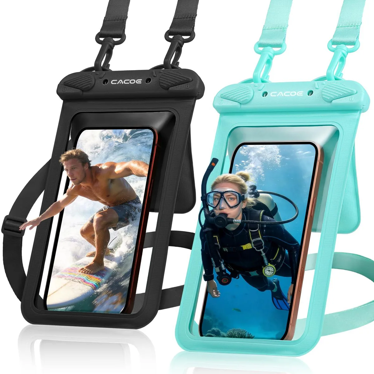  CACOE 06CMWB Waterproof Phone Pouch 2 Pack 8.8" &amp; 5.3" Black Green — product photo