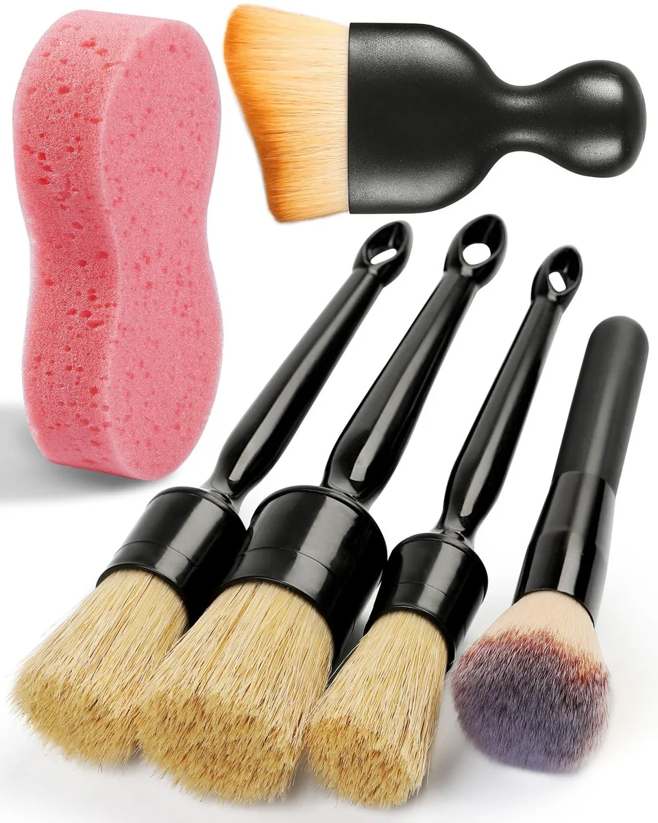 Six-piece car detailing brush set with boar-hair, synthetic and sponge tools