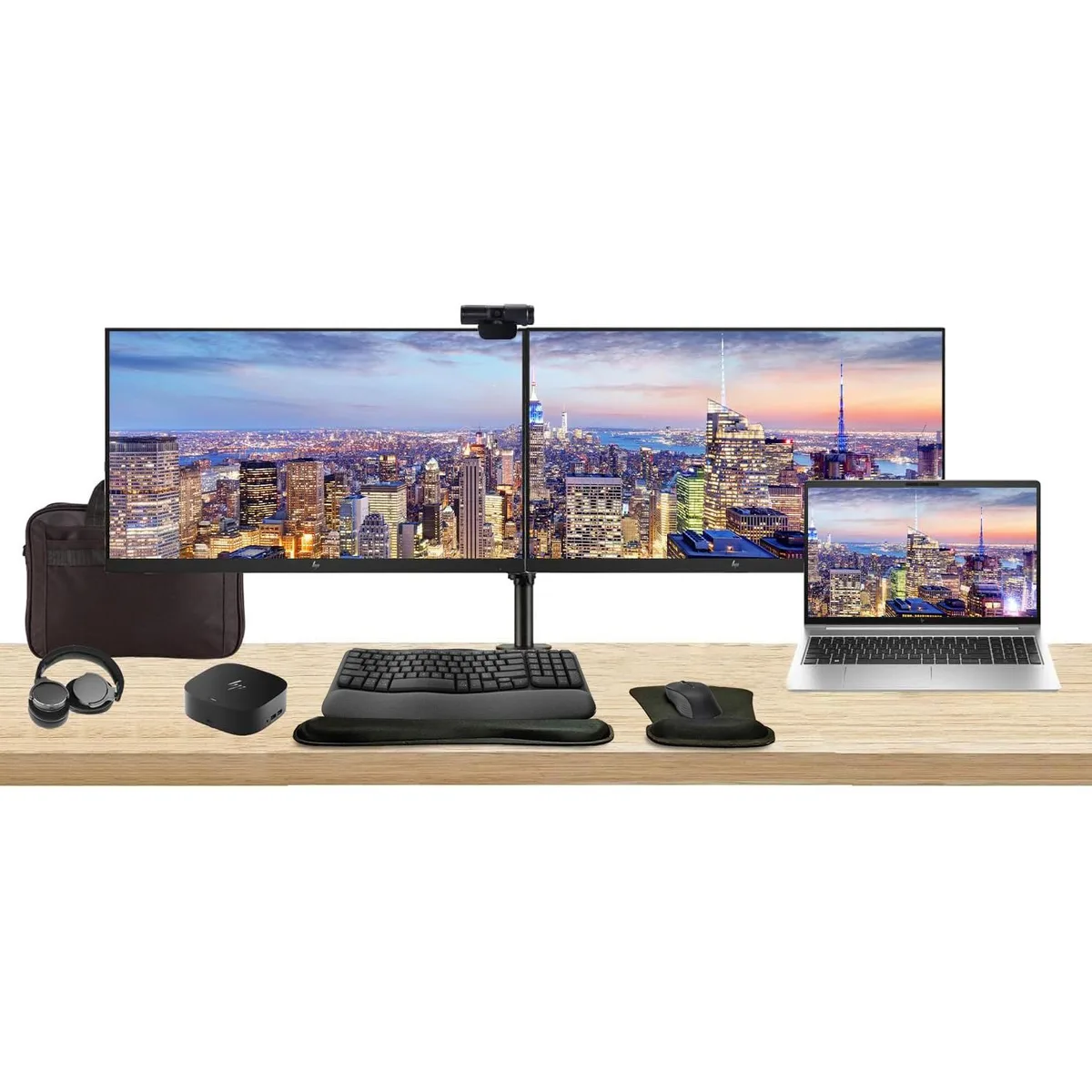 HP HP ProBook 450 G10 i5-1335U 16GB 256GB SSD bundle dual 27" monitors dock keyboard mouse webcam headphones bag — product photo