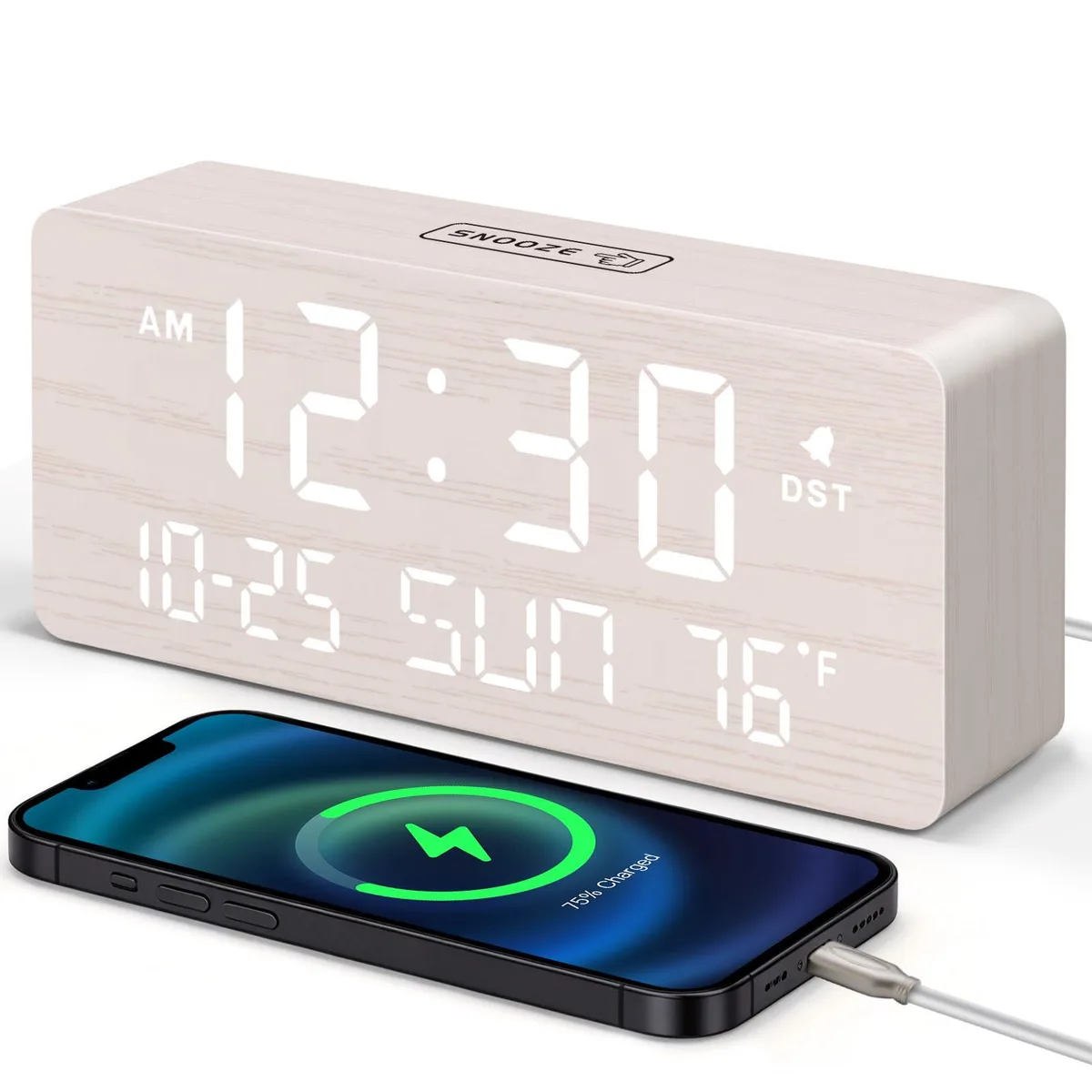 White rectangular wooden digital clock, 6.3 inches wide, with large display showing time date and temperature, USB port on side