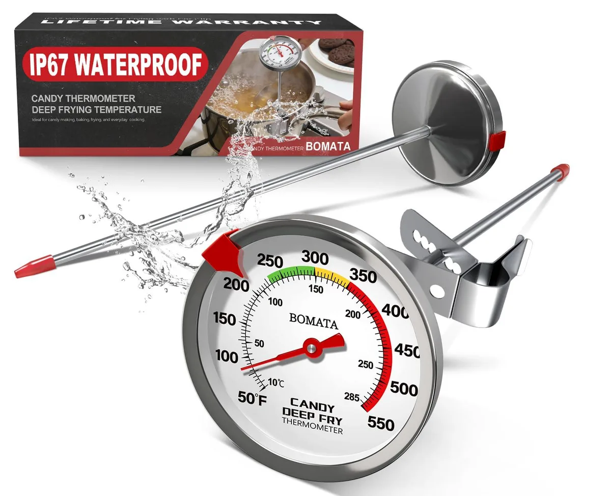 Two silver analog thermometers with 2.5in dials, 8in probes and pot clips