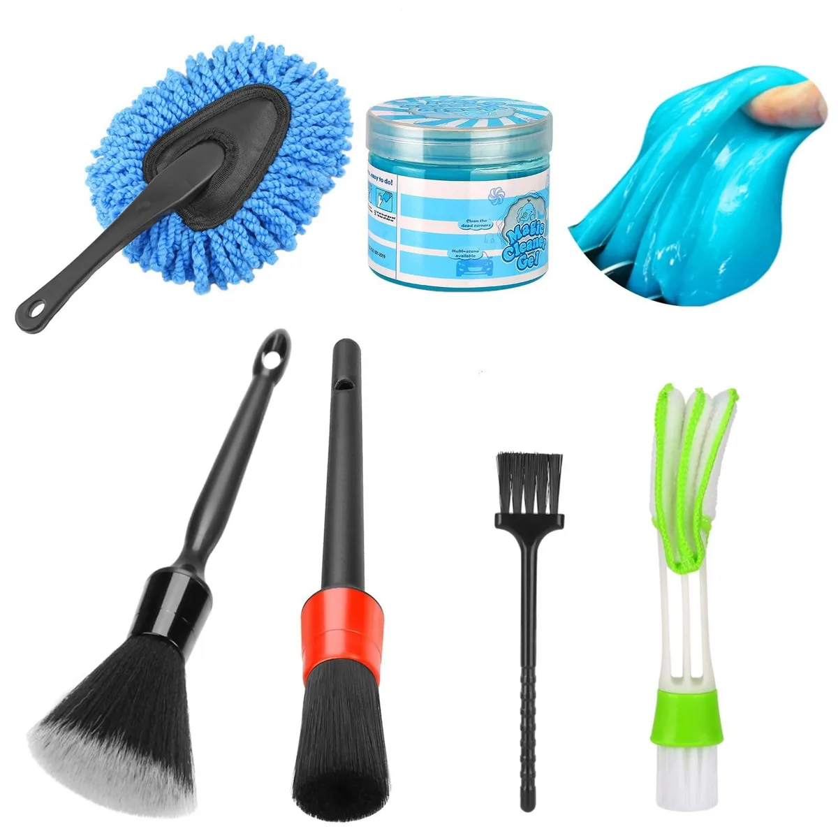 Car cleaning kit with blue duster brush, cleaning gel, white bristle brush, black detailing brush, green vent brush