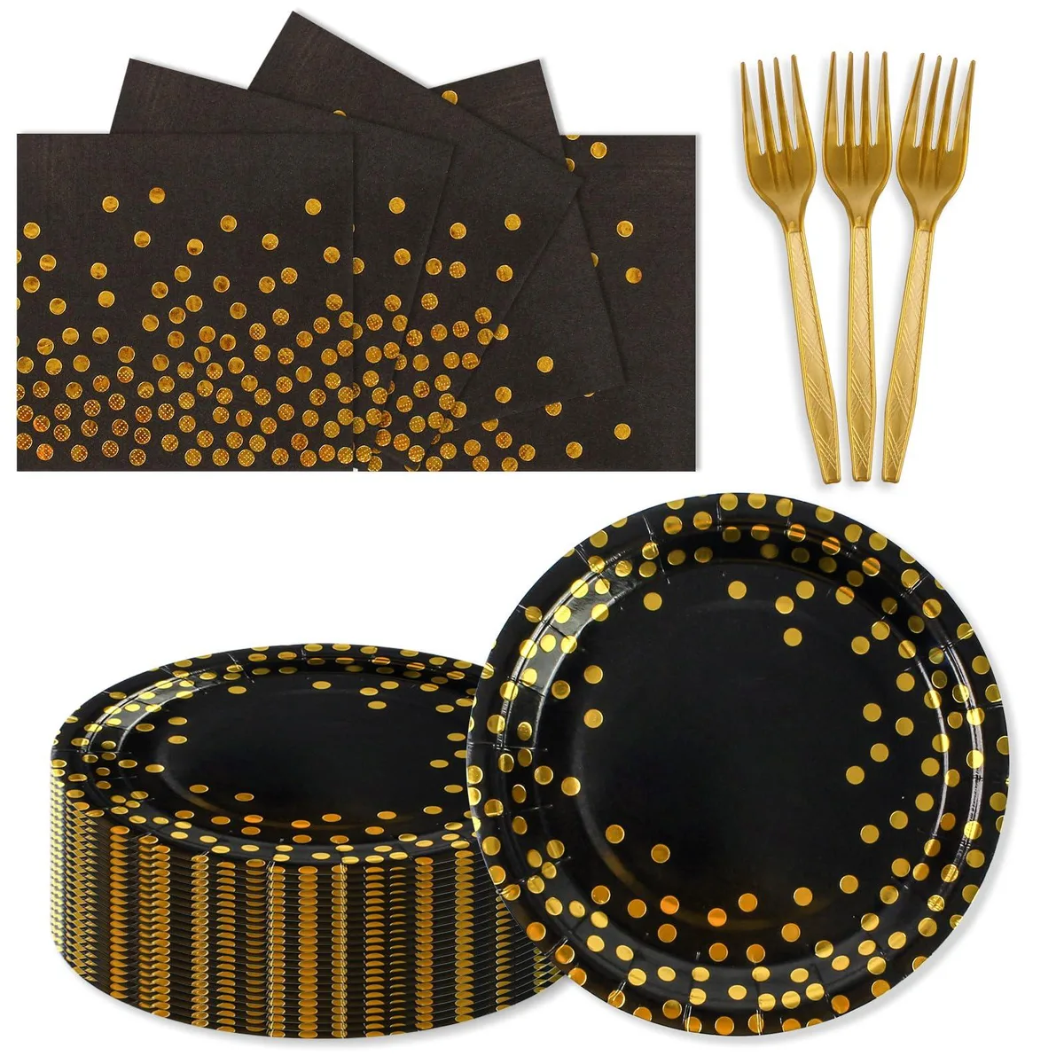 Black and gold dot paper plates, napkins, and gold forks arranged in a set