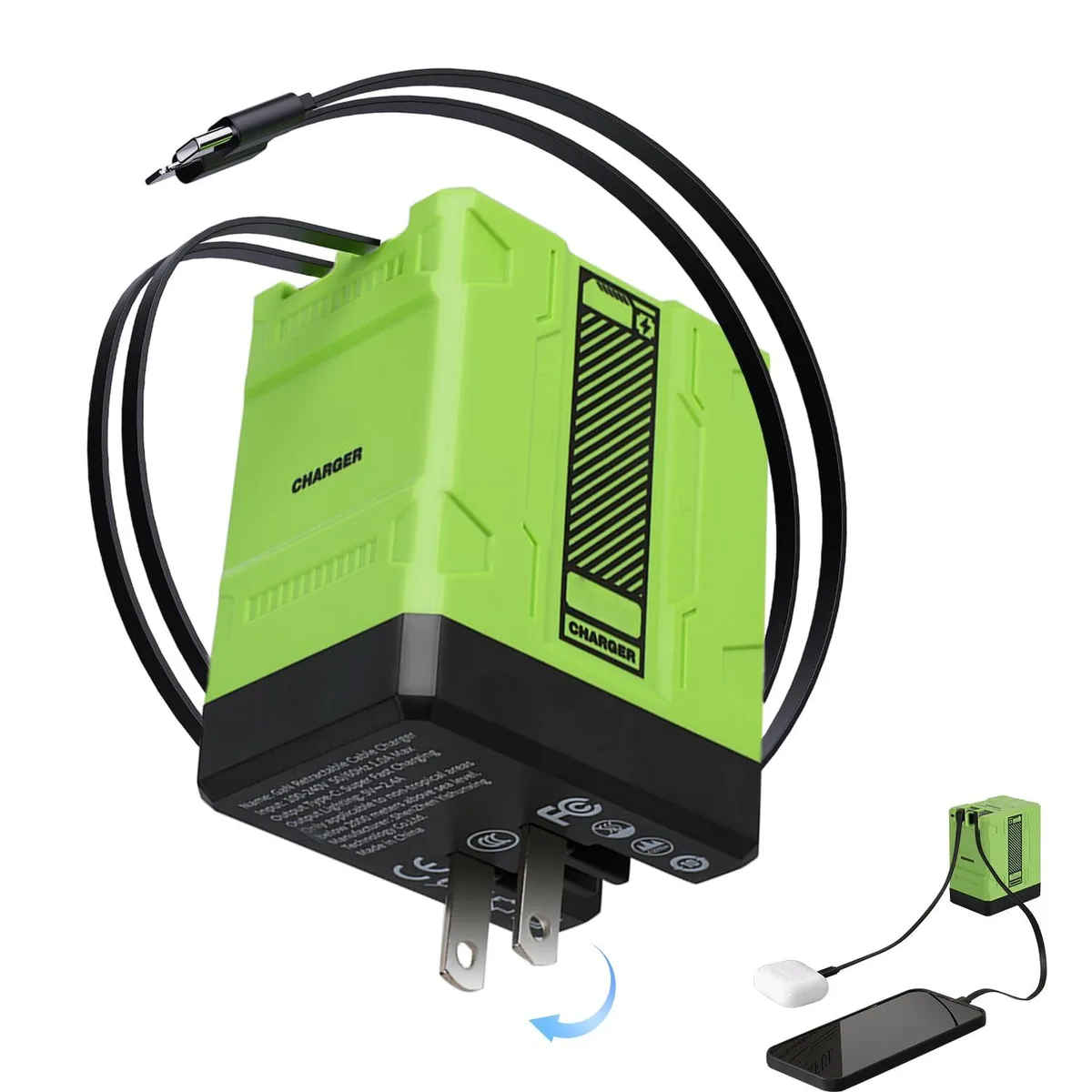 Green foldable GaN wall charger with two retractable cables extended