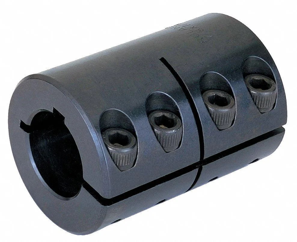 One-piece carbon steel rigid shaft coupling with two 1 1/8 inch keyed bores