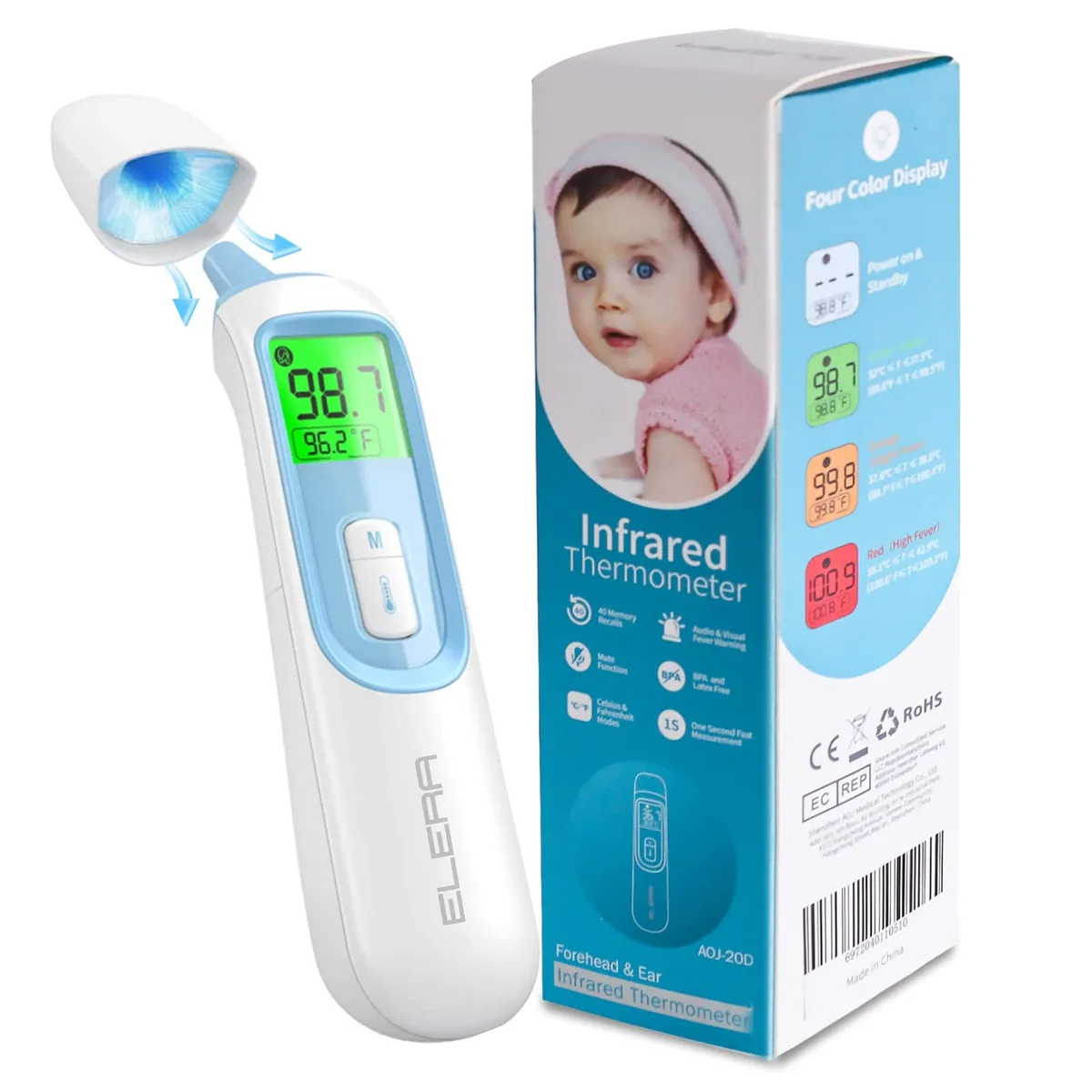 Hand-held infrared thermometer in orange and red with LCD screen and probe tip