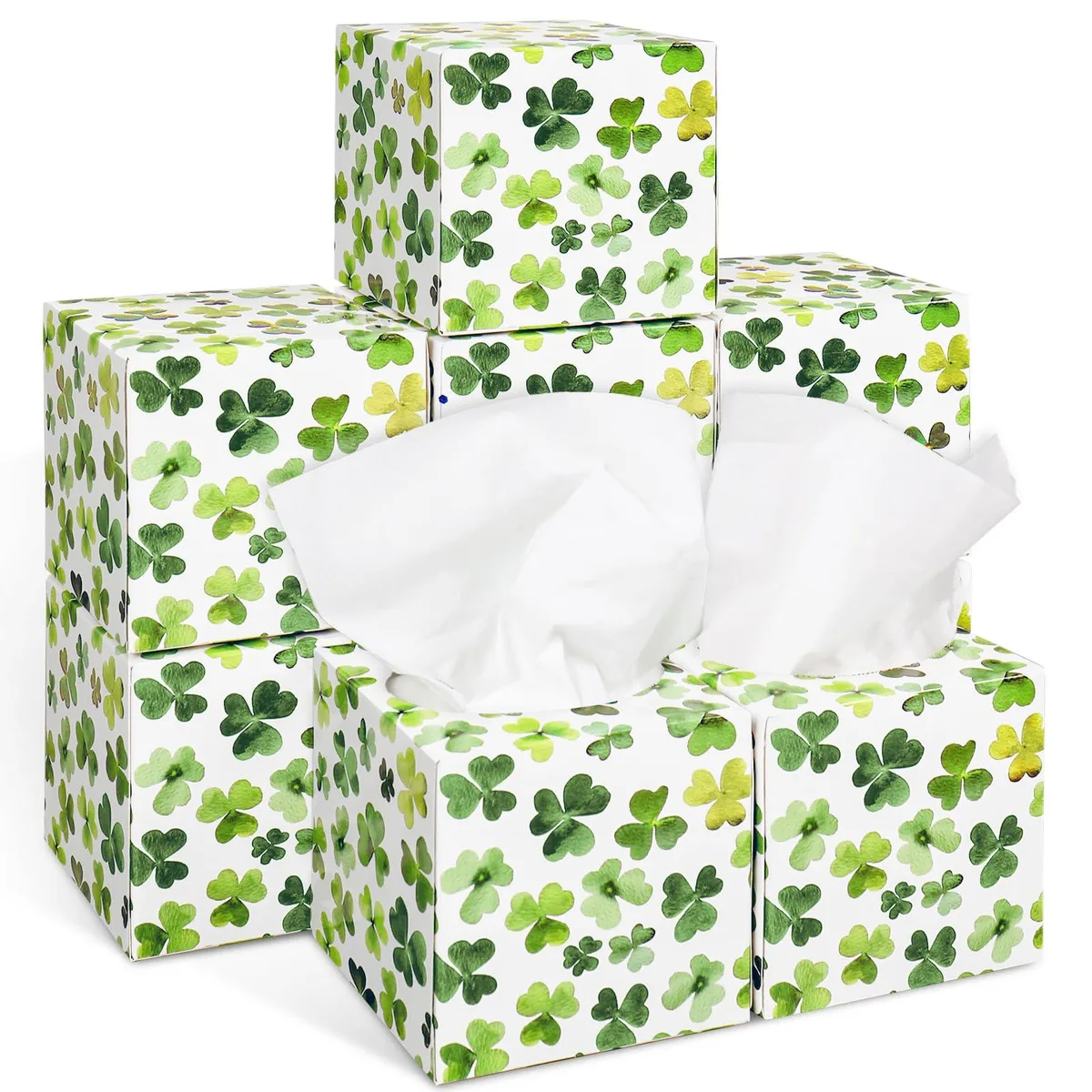 Nine green cube tissue boxes with watercolor shamrock design