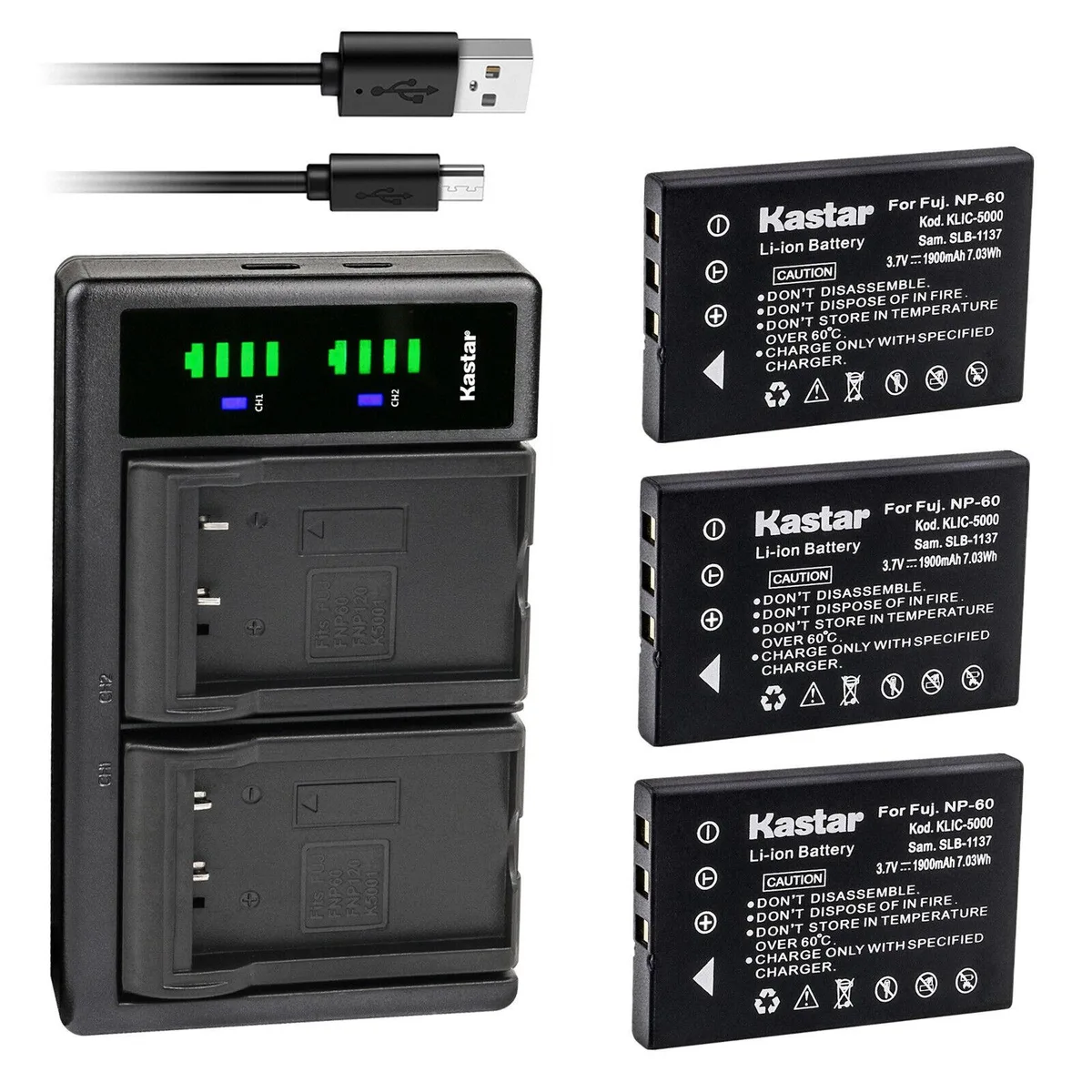 Kastar Kastar 2004 3-pack FNP60 camera battery with LTD2 USB charger — product photo