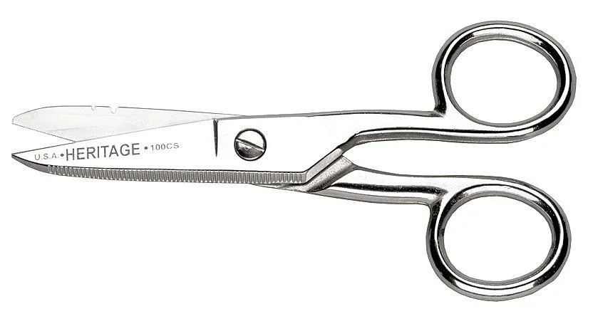 Nickel-plated electrician scissors with serrated blades and stripping notches