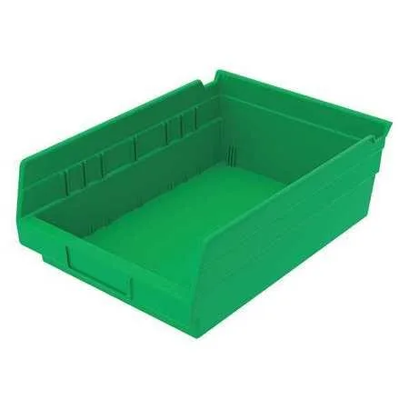Green plastic shelf storage bin with molded label area and hangable design