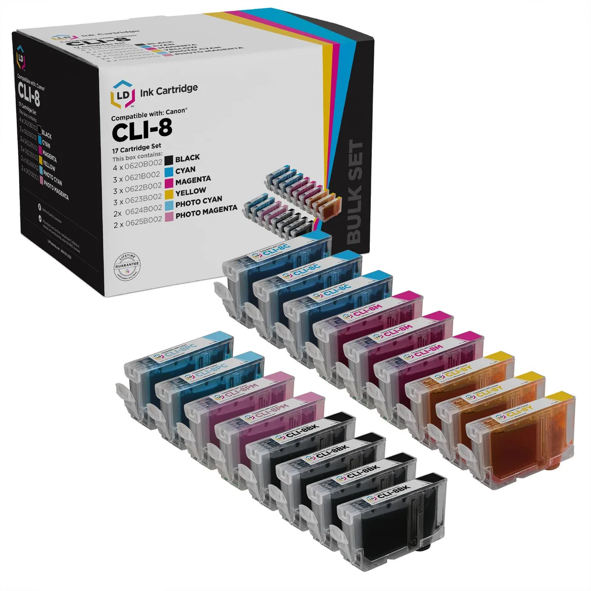 Boxed set of 17 Canon CLI8 compatible ink cartridges in assorted colours
