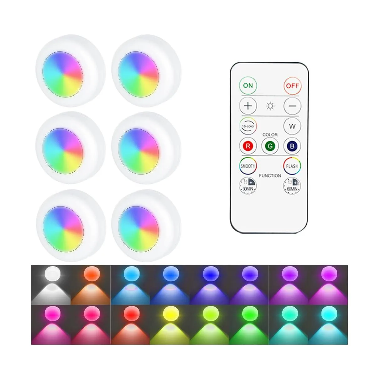 Six small round LED puck lights and a wireless remote control