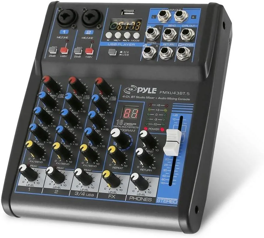 WUQ WUQ PMXU43BT.5 4‑Channel Audio Mixer Bluetooth USB 48V Phantom Power 16‑Bit DSP — product photo