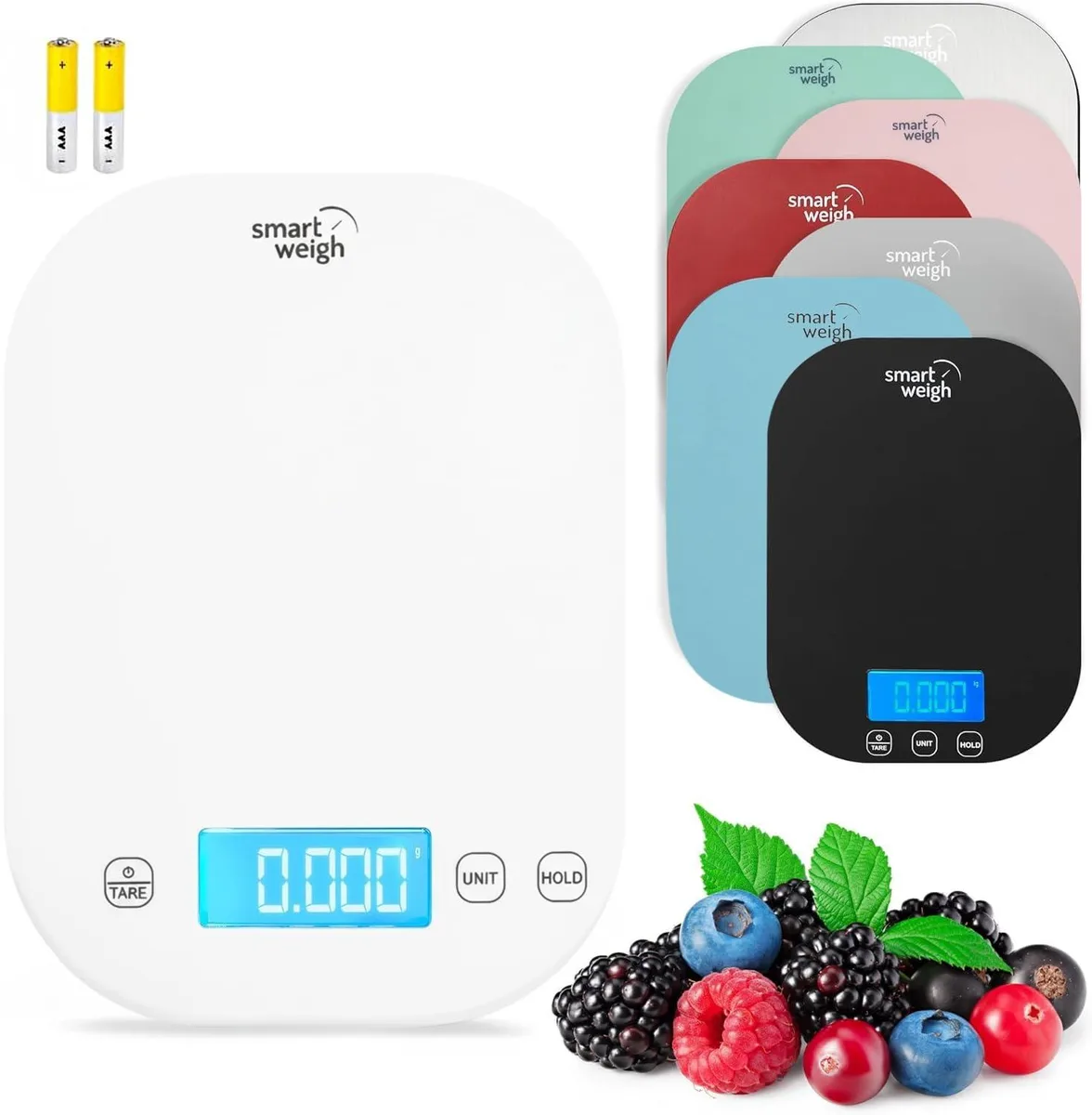 White digital kitchen scale with backlit LCD display and tare button