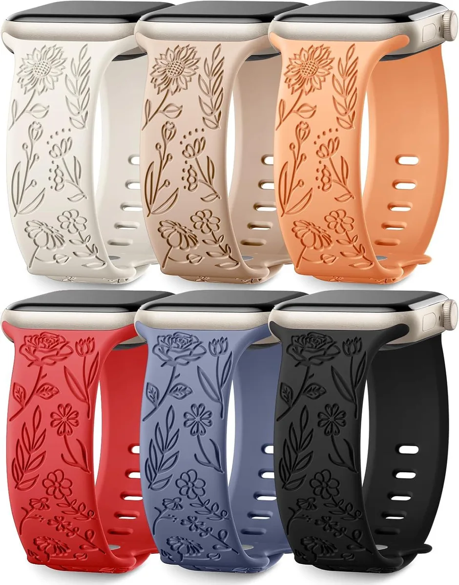 ETEIZU ETEIZU 6 Pack Floral Engraved Silicone Watch Bands 38mm 40mm 41mm 42mm 44mm 45mm 46mm 49mm accessory — product photo