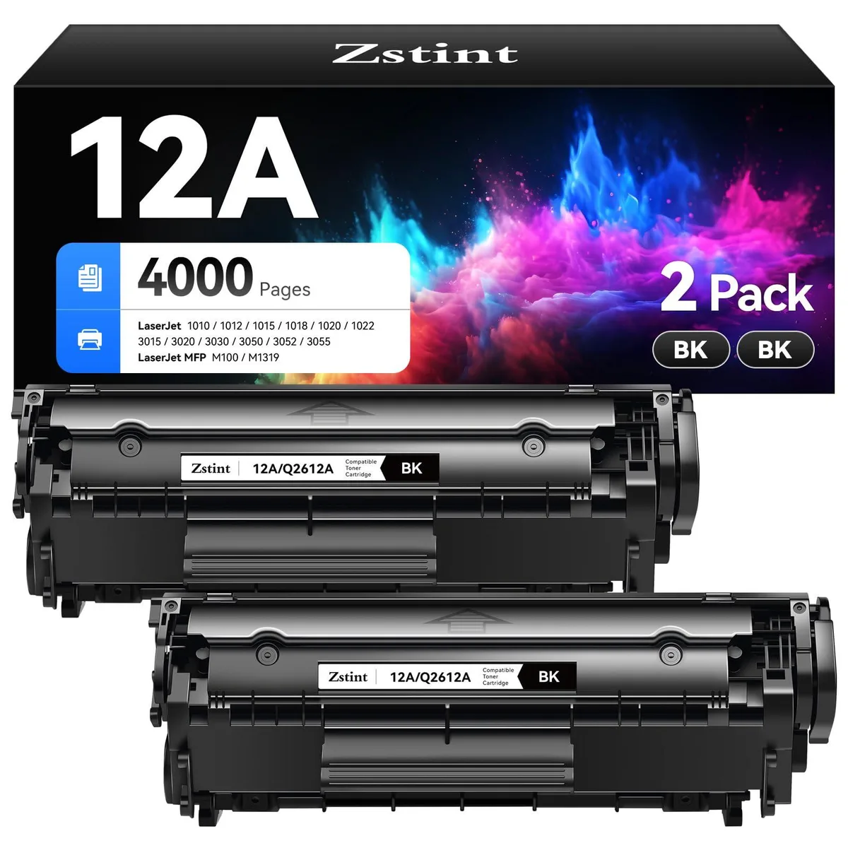 Two black rectangular toner cartridges in sealed packaging