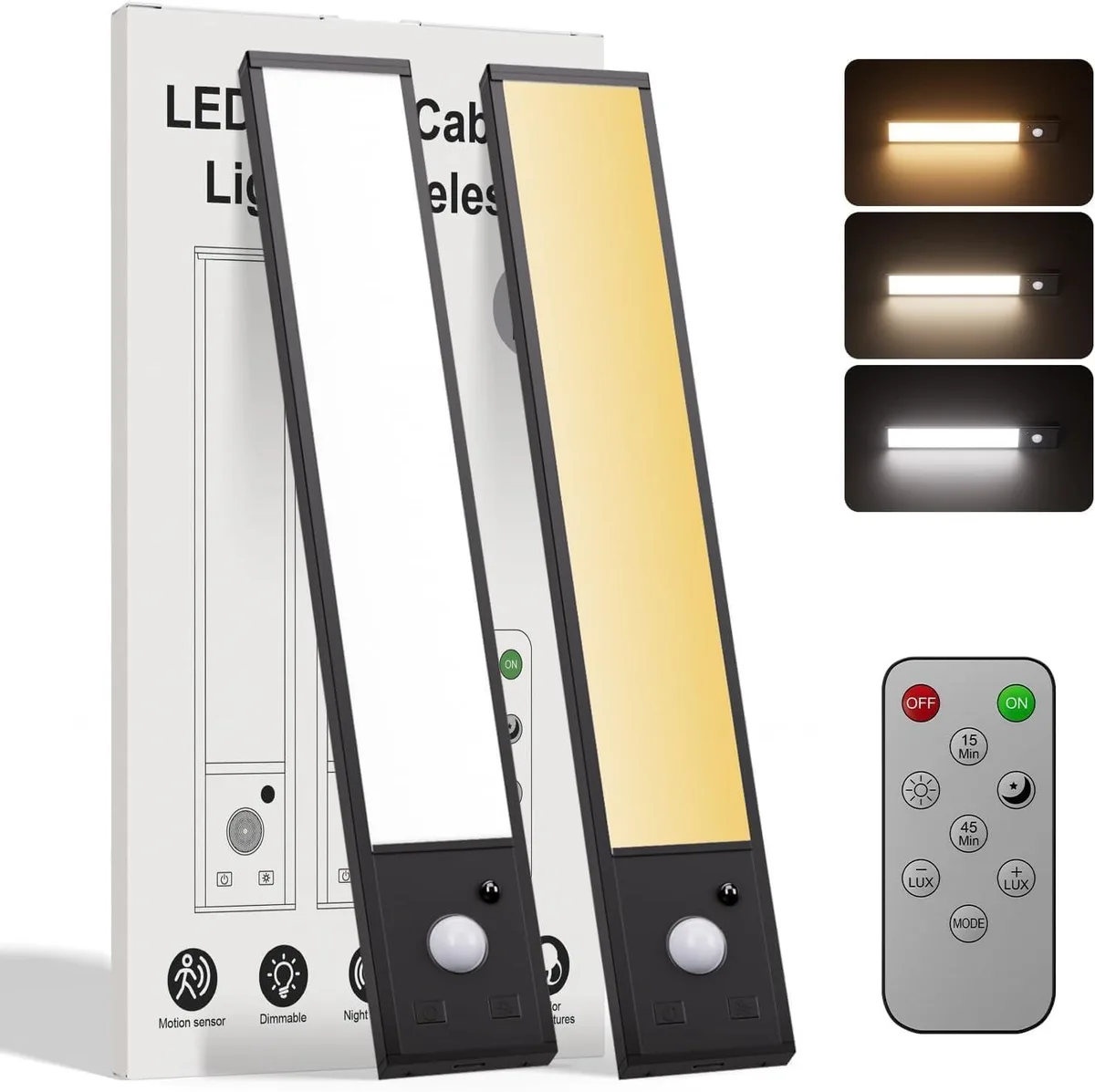 Five black aluminium LED bars with magnetic strips and a remote control