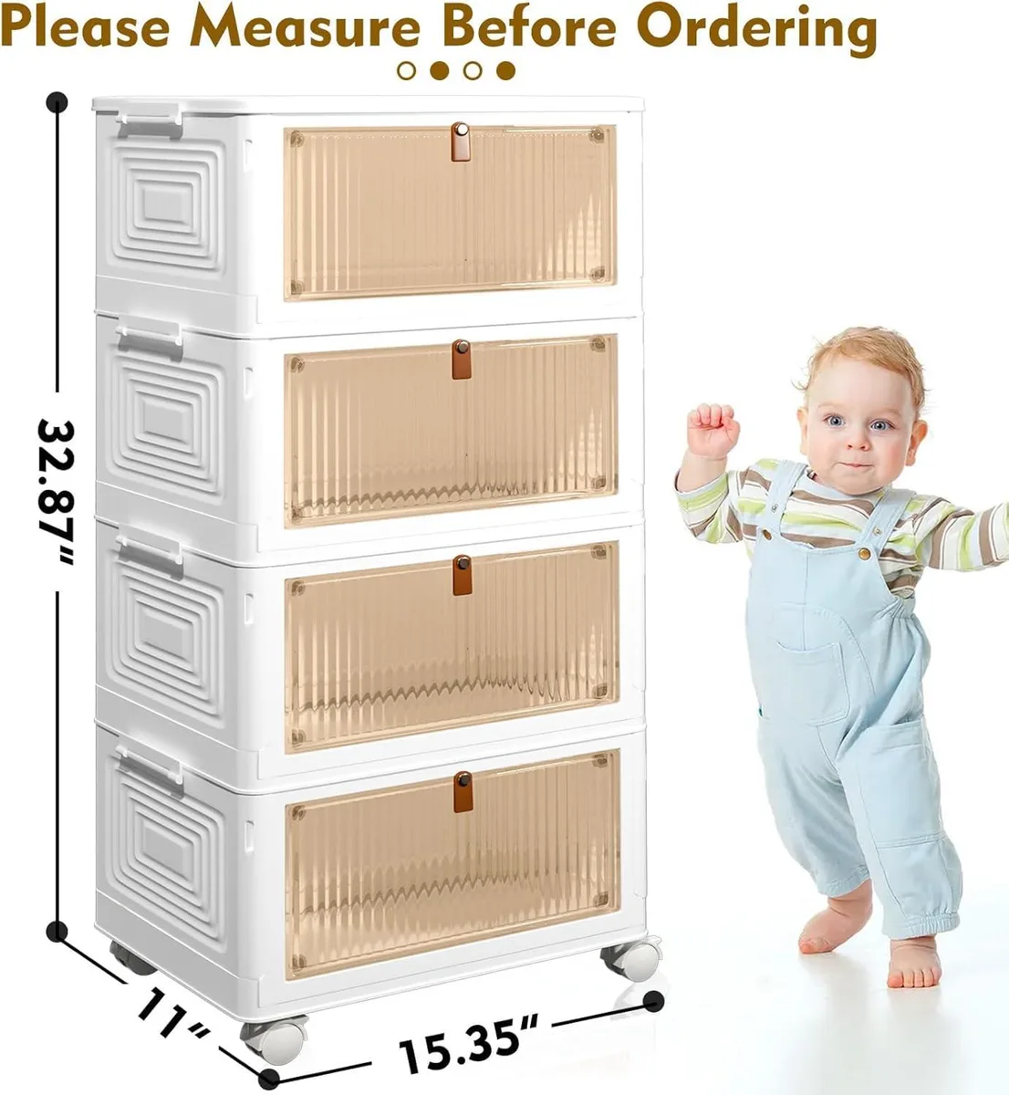 White four-tier stackable storage unit with translucent front lids and four wheels