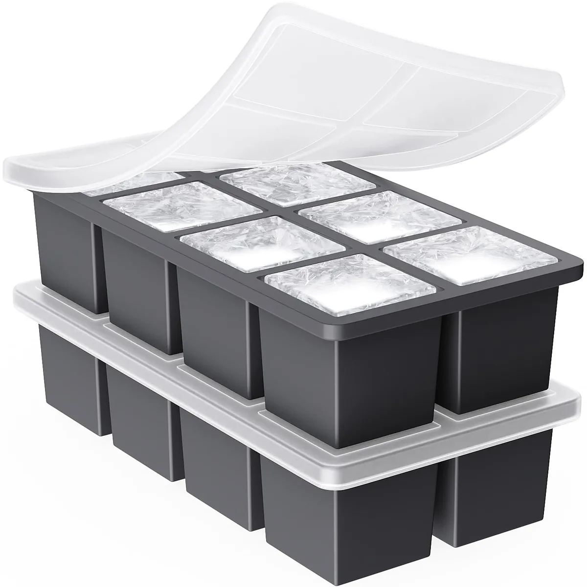 Two grey silicone ice cube trays with lids, each forming large square cubes