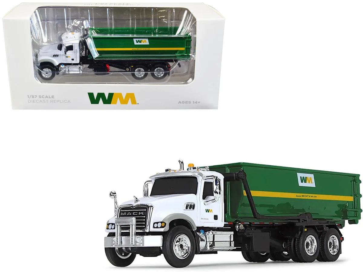 First Gear First Gear Mack Granite MP Garbage Truck Waste Management White &amp; Green 1/87 HO Diecast Model — product photo