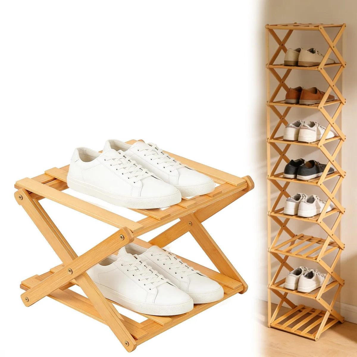 Light bamboo two-tier foldable shoe rack, no assembly needed