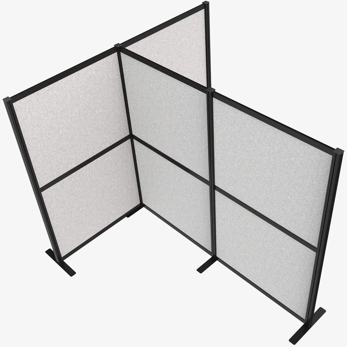 Four light gray fabric panels in a T-shape with black aluminum frames and steel feet