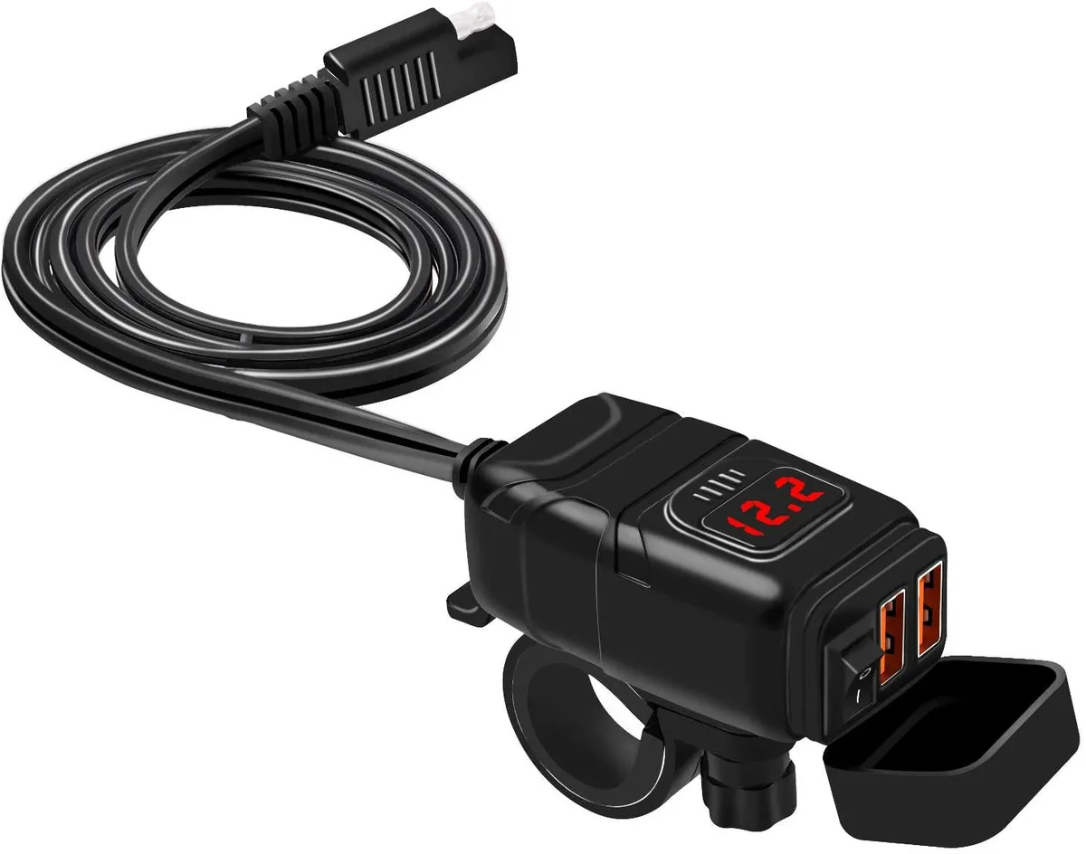 BONAEVER BONAEVER Motorcycle USB Charger Waterproof 6.8A Dual QC3.0 SAE Voltmeter Red — product photo