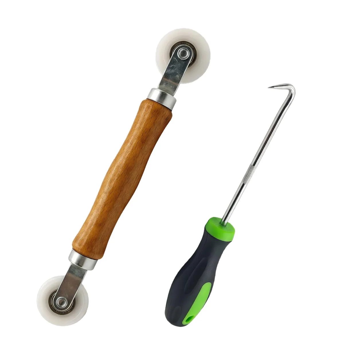 Two screen roller tools with wood handles and dual nylon wheels, .109 kg