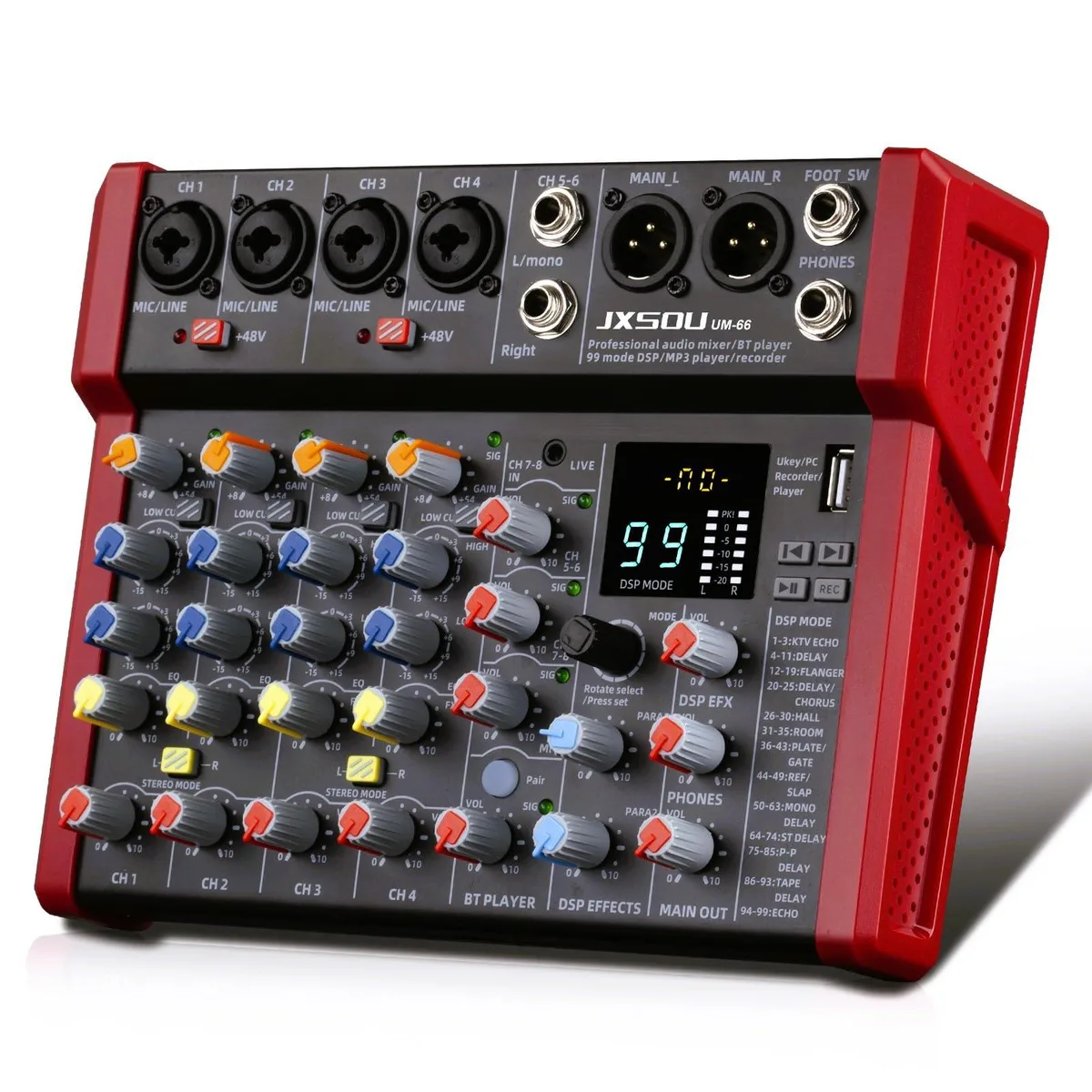 Black rectangular audio mixer with rows of knobs, faders and XLR ports, digital display and USB socket