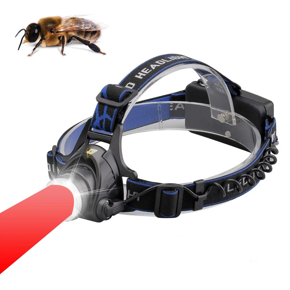 Red LED headlamp with zoomable beam, 60° angle, 90° tilt, three lighting modes