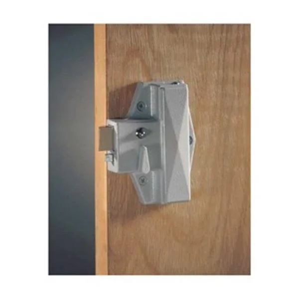 Satin chrome spring latch with thumb turn and deadlocking hold-back feature