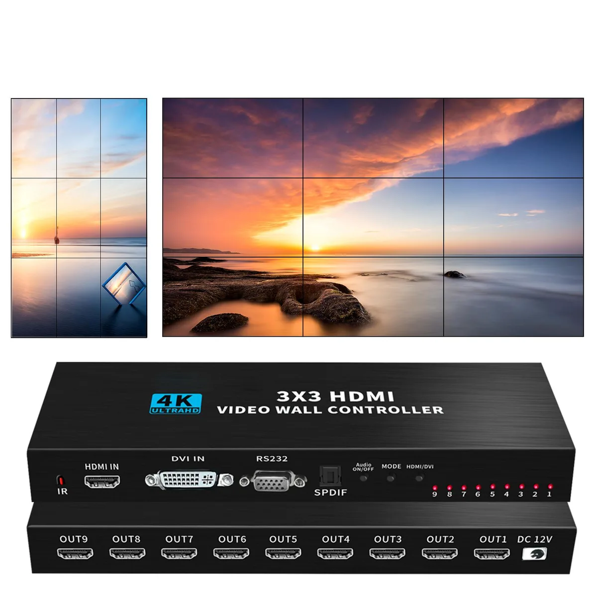 LUOM LUOM OZJP2 3x3 HDMI Video Wall Controller 1 in 9 out 13 Modes 180° Rotation video switch — product photo