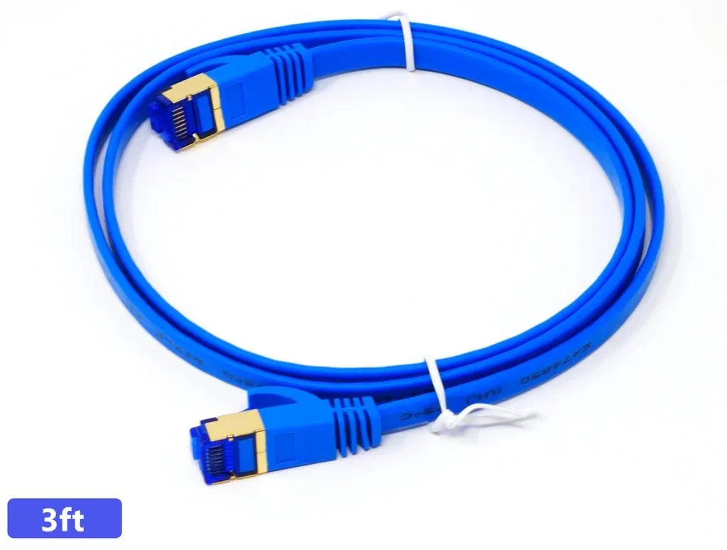 Flat blue Cat 7 Ethernet patch cable with RJ45 connectors, 3 ft length