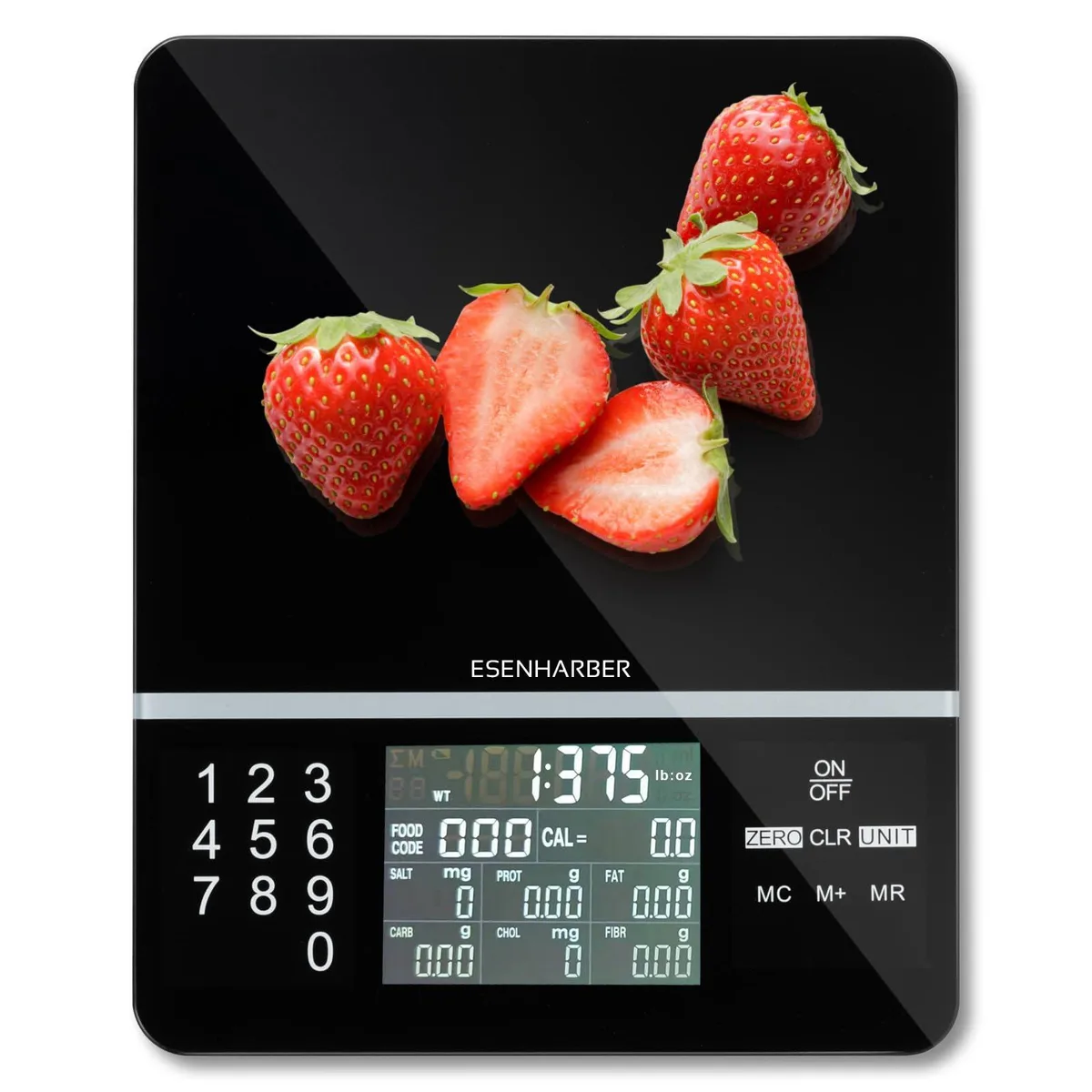 Silver stainless steel digital food scale 7.8 by 6.3 by .7 inches with display