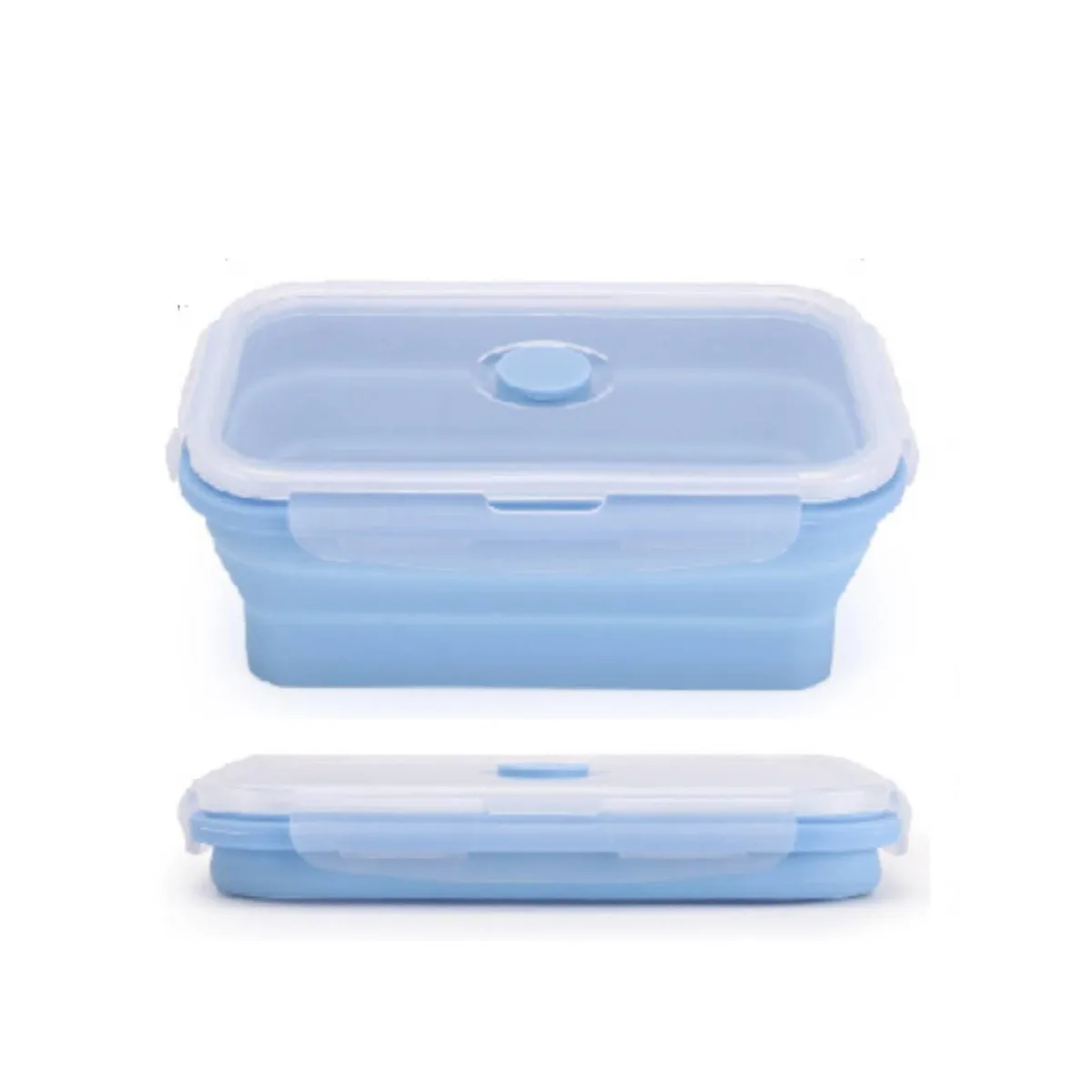 Red collapsible silicone food container with clip-on lid, folds to one-third size