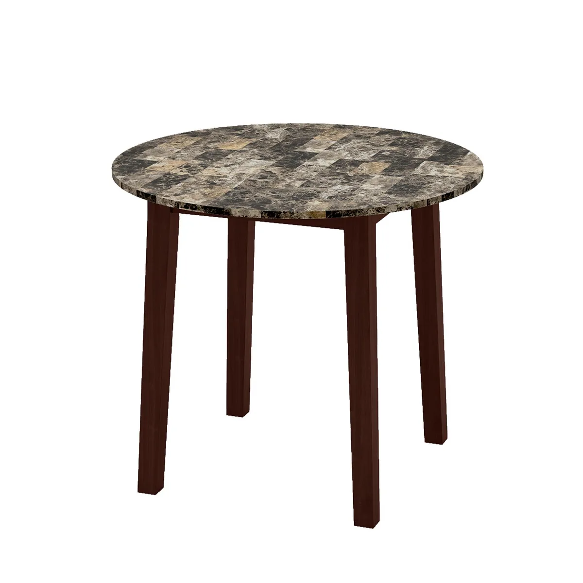 Brown round dining table with marble-textured top and rubber wood legs