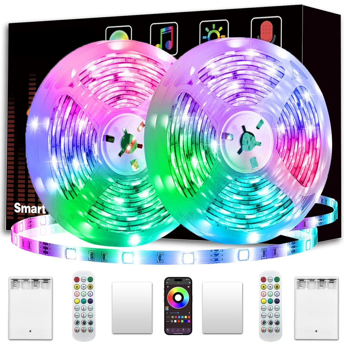 Two reels of flexible LED strip on clear prismatic backing with battery boxes and remote