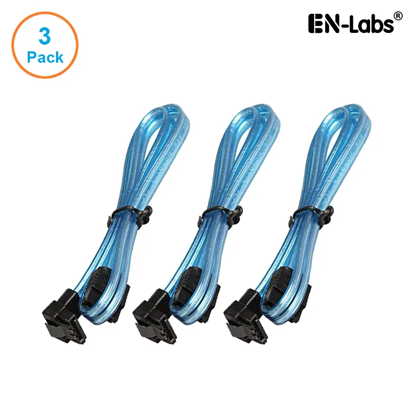 EN-Labs EN-Labs 3PKSATAIII24BLA 3-pack SATA cable UV Blue 24" straight to 90° locking latch — product photo