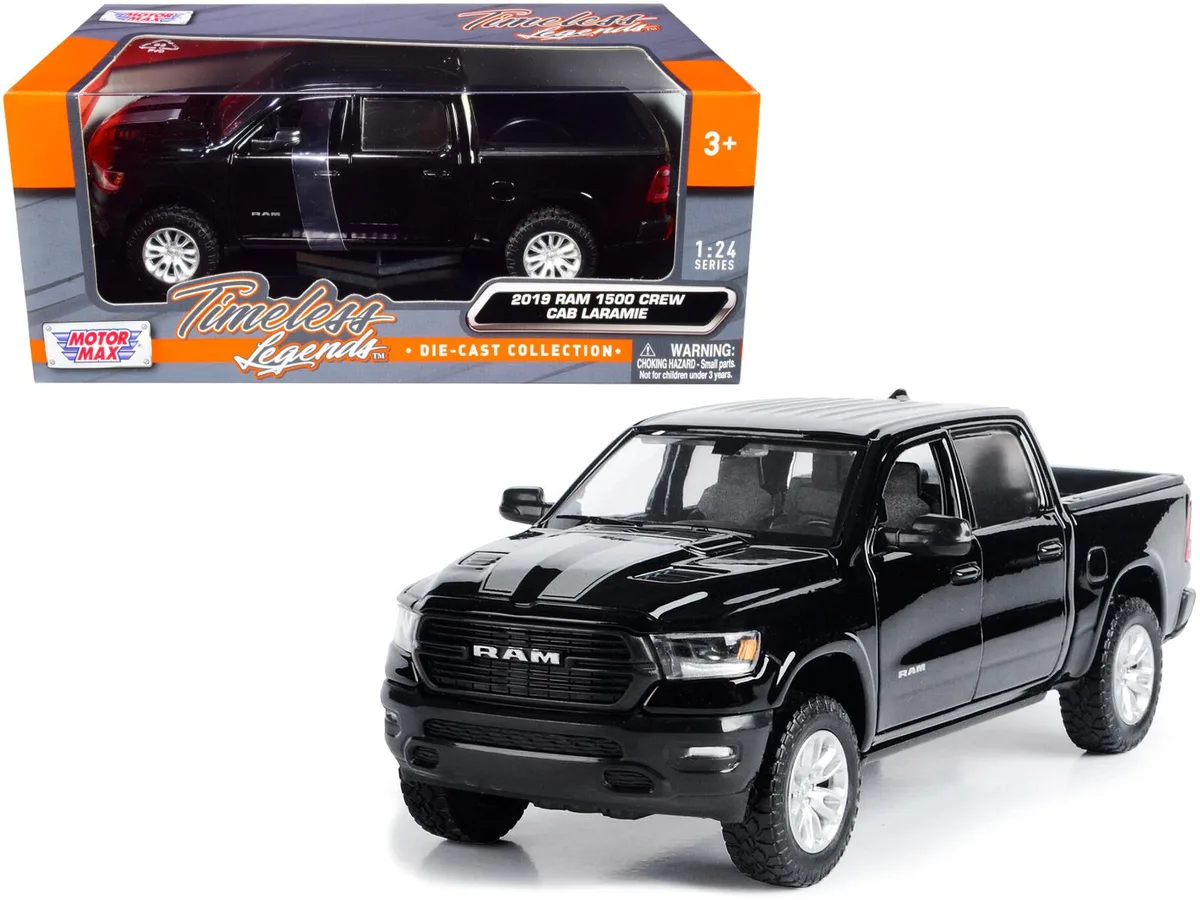 MOTORMAX MOTORMAX 2019 RAM 1500 Laramie Crew Cab 1/24 Diecast Truck Black Silver Stripes — product photo