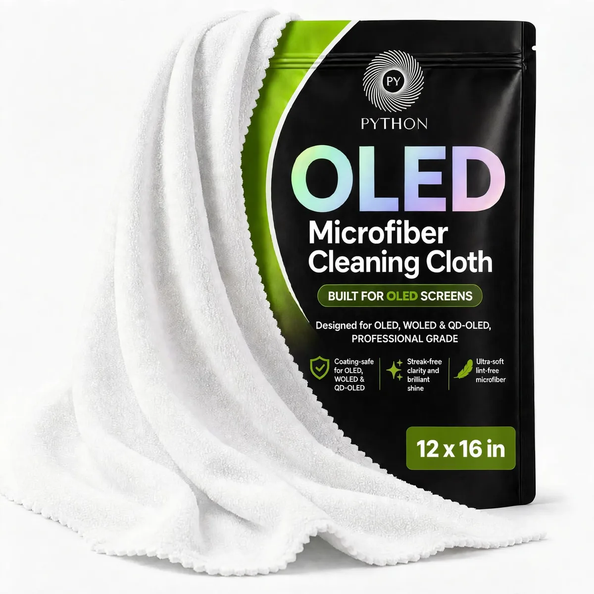 Twelve white microfiber cloths in resealable pouch, each 12 by 16 inches