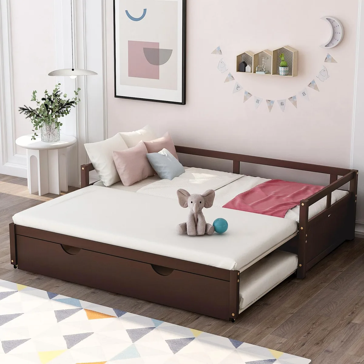 Espresso wooden daybed with pull-out trundle, solid pine frame, twin-to-king extending design