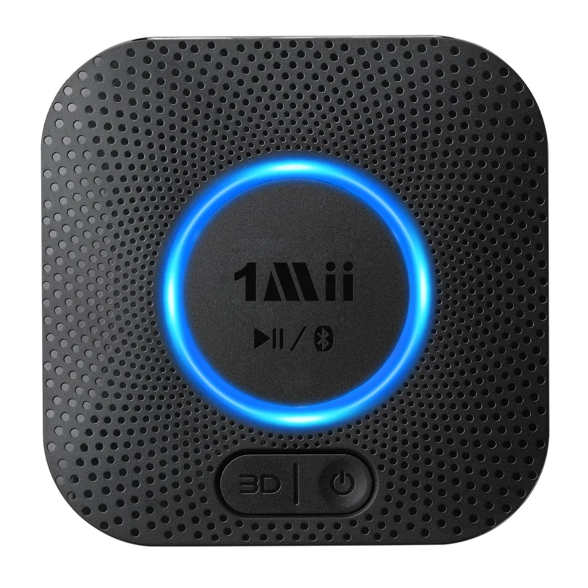 Compact black Bluetooth receiver with front button and multiple audio ports