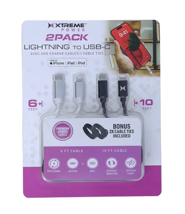 Two braided Lightning to USB-C cables, 6 ft and 10 ft