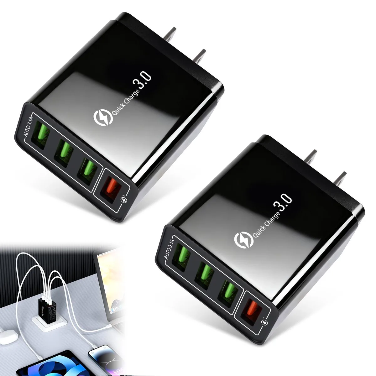 Two compact white four-port USB wall chargers side by side