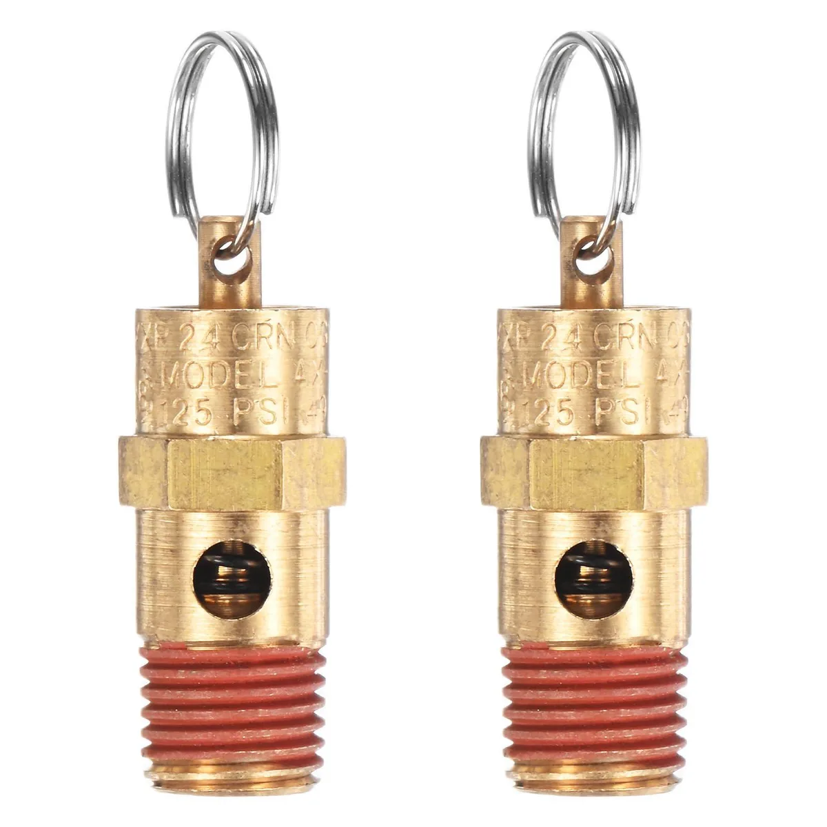 Two brass safety valves, 1/4 inch NPT, 125 PSI, 40mm long with pull rings