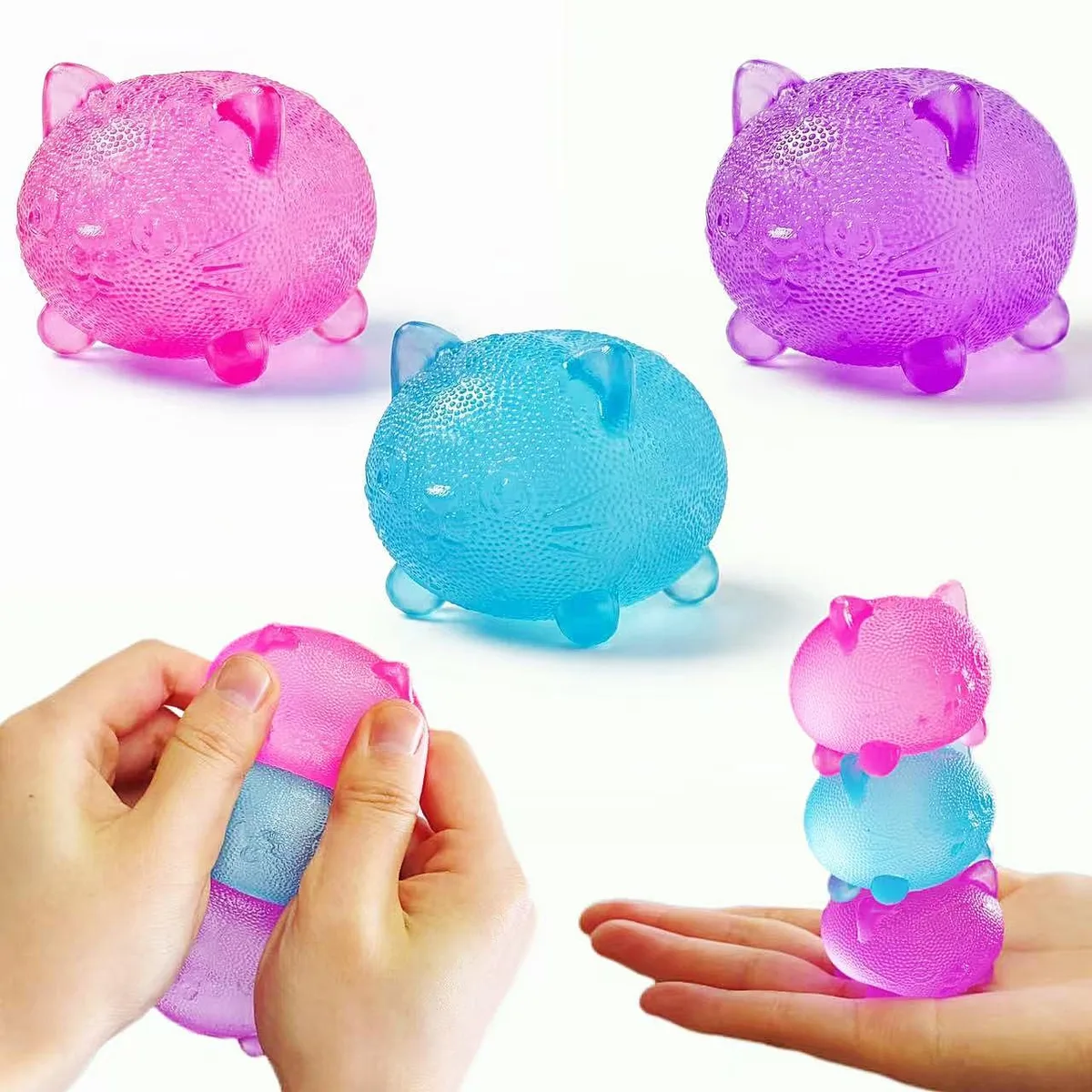  3 Pack Squishy Stress Cat Toys Blue Pink Purple — product photo