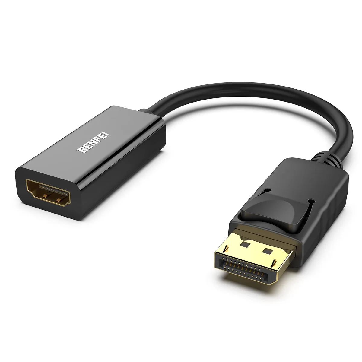 Small black DisplayPort-to-HDMI adapter with gold connectors and latch release button