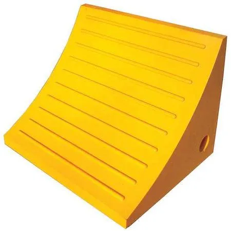 Yellow urethane wheel chock with grooved tread, 15 in wide, 11 in high, molded hole